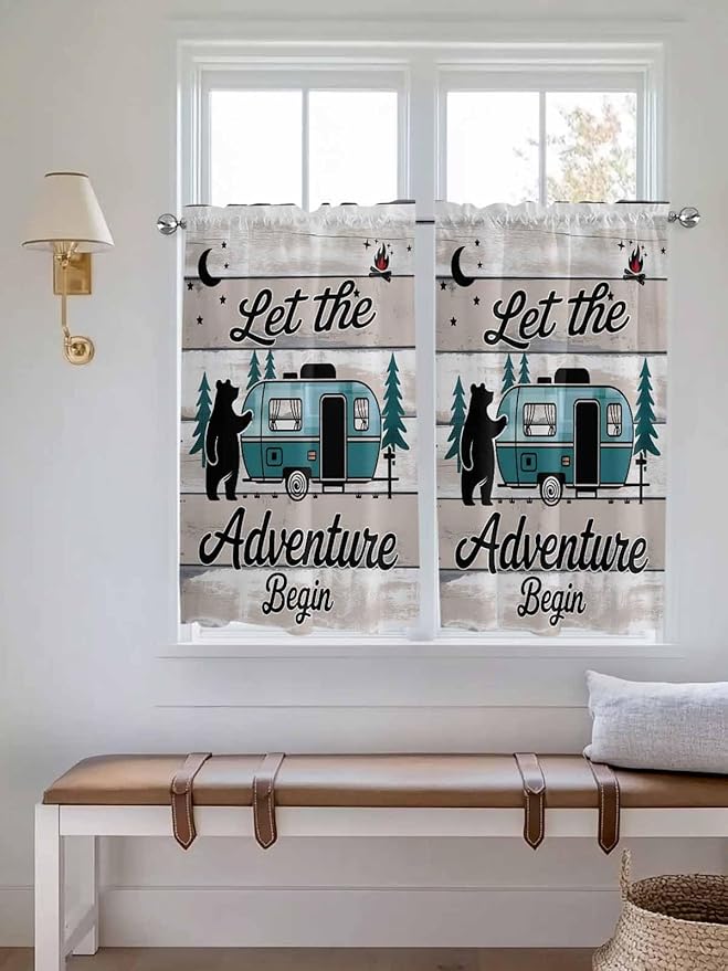 Farmhouse Bear Camper Van Tree Window Valance Curtains, Vintage Wood Grain Light Filtering Kitchen Valance with 3-inch Rod Pocket for Living Room Bathroom Bedroom,2 Panel,42x45In