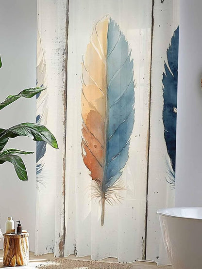 Sheer Curtains 108 Inches Long, Blue Brown Feathers Semi Sheer Curtains Light Filtering Window Treatment, Boho Ombre Vintage Wooden Grain Privacy Voile Drapes for Living Room Bedroom 52x108 Inch