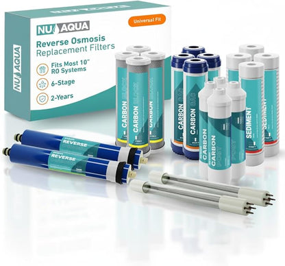 NU Aqua Reverse Osmosis Water Filter System Replacement Set - 6 Stage 2 Year UV Under Sink Kit - Membrane, Sediment, Carbon Filters, Parts & Fittings - Universal Undersink RO Filtration Cartridge Pack