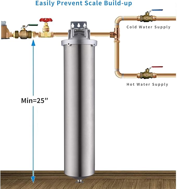 Amwater NSF/ANSI 42 Certi Stainless Steel Jumbo Size Filter Housing for 20" Filter Cartridge, 1" NPT Water Filter Housing, Drain Valve Style C (Square Head)