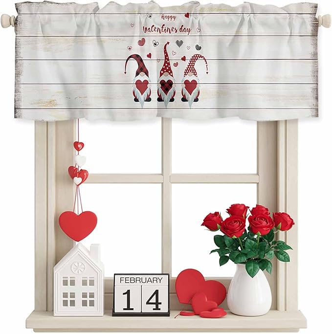 Happy Valentine's Valance Curtains for Kitchen, Day Gnomes Love Heart on Rustic Wood Grain Privacy Rod Pocket Valance Curtain, Light-Filtering Window Treatment for Bedroom Bathroom, 60"x18"
