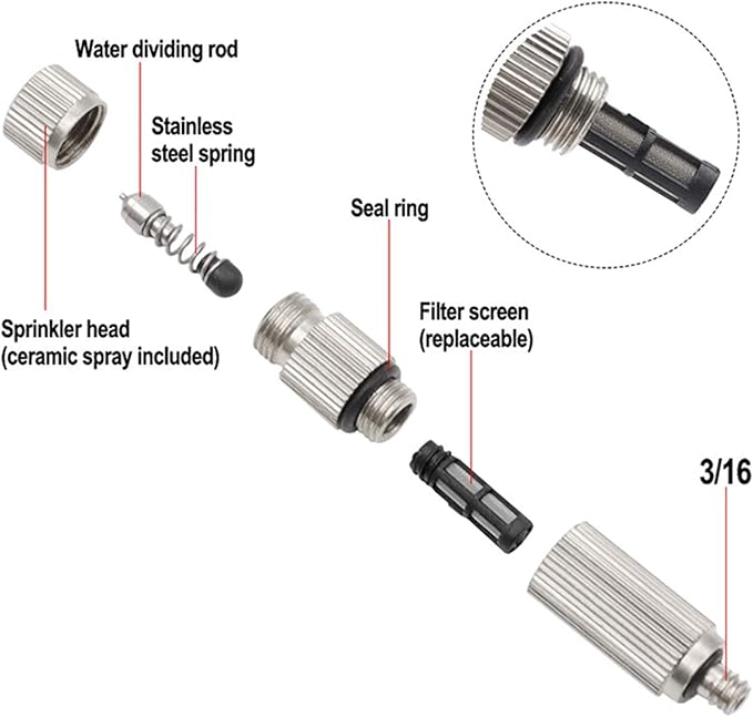 Haueeschoen 80pcs Brass Misting Nozzle Kit for Cooling System, High Pressure 3/16" Threaded Mister Nozzles, Anti-drip Fogging Spray Head for Landscaping, Air Humidification, Spraying Disinfection