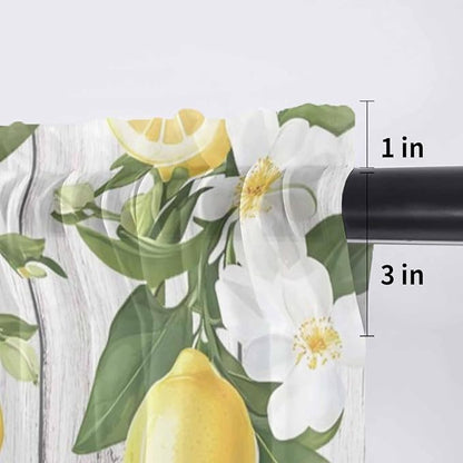 Spring Summer Lemon Sheer Valance Curtains, Leaf Flower White Wood Grain Light Filtering Kitchen Valances Rod Pocket Voile Curtain Window Treatment for Bedroom/Living Room/Basement 42Wx12L