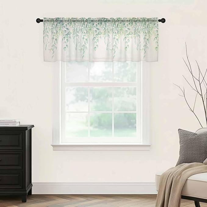 Green Leaf Sheer Valance Curtains, Eucalyptus Leaves Vintage Linen Texture Spring Plant Light Filtering Kitchen Valances Rod Pocket Voile Curtain Treatment for Bedroom/Living Room/Basement 42Wx18L