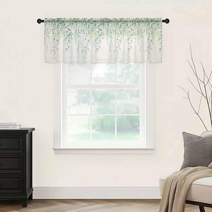 Green Leaf Sheer Valance Curtains, Eucalyptus Leaves Vintage Linen Texture Spring Plant Light Filtering Kitchen Valances Rod Pocket Voile Curtain Treatment for Bedroom/Living Room/Basement 42Wx12L