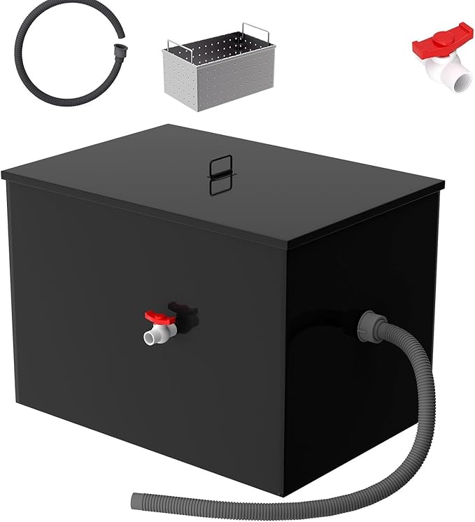 40 LBS Commercial Grease Trap Carbon Steel Interceptor, 15 GPM Flow Rate Under Sink Design, Dual Filter Tube for Restaurant Home Kitchen Food Processing Plant Wastewater Separation