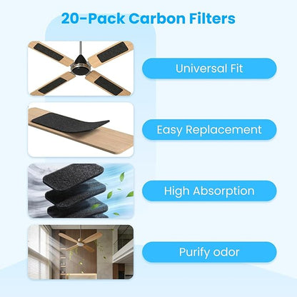 20pcs Coconut Carbon Ceiling Fan Filters for Blades, Easy-Stick Strong Fixity Activated Filter Pad for Ceiling Fan, Universal Fit Carbon Fan Blade Filters for Cleaner Air, Black