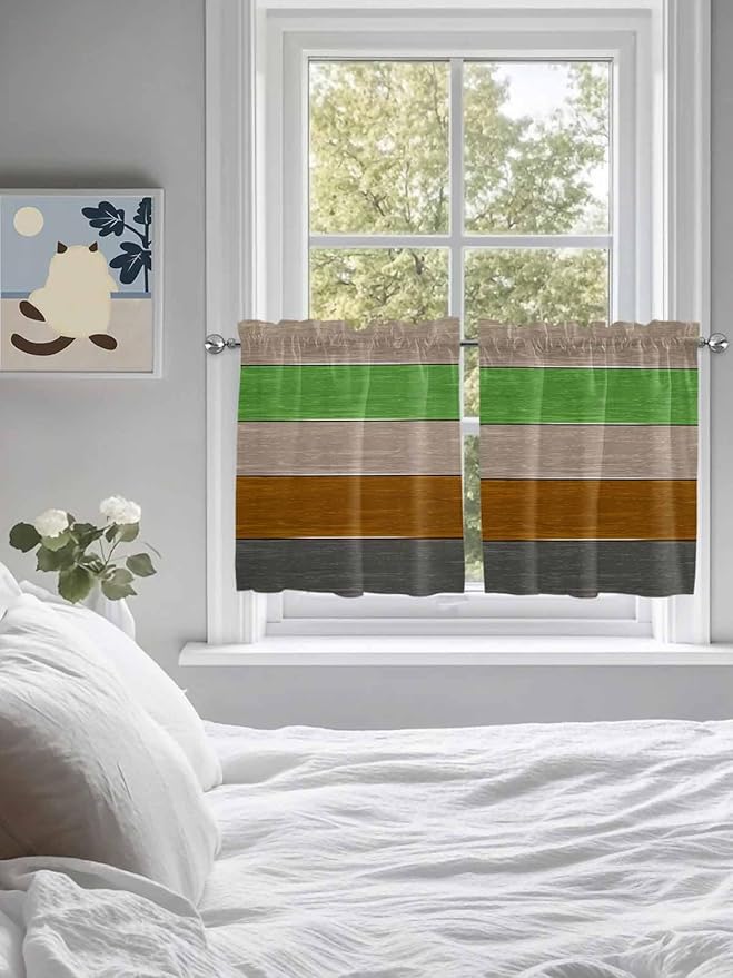 Farm Gray Green Brown Wood Grain Window Valance Curtains, Rustic Wooden Plank Light Filtering Kitchen Valance with 3-inch Rod Pocket for Living Room Bathroom Bedroom,2 Panel,27.5x24In