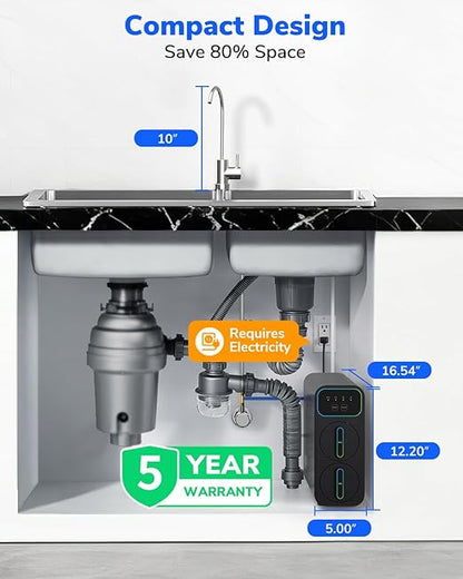 Ecoviva E6 Compact-Thin 5" Width Reverse Osmosis Water Filter Under-Sink 600GPD Water Filtration with Faucet, 9-Stage Tankless RO System, Reduces TDS, Compact Design for Any Space for Kitchen