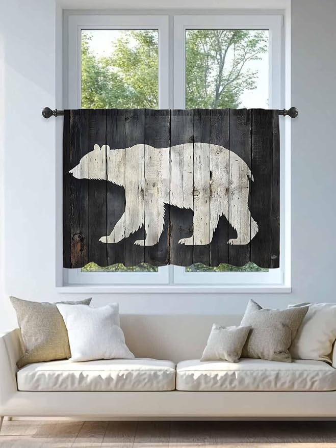 Sheer Curtains 54 Inch Length, White Brown Bear Semi Sheer Curtains Light Filtering Window Treatment, Rustic Counrty Vintage Wood Grain Privacy Voile Drapes for Living Room Bedroom 52x54 Inch
