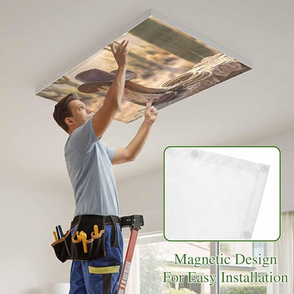 Fluorescent Light Covers, Cowboy Western Magnetic Light Covers for Ceiling Lights, Cowboy Hats Boots Desert Cacti Vintage Fluorescent Ceiling Shade Filters for Classroom Bedroom Office 4x2Ft x 1PCS