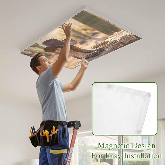 Fluorescent Light Covers, Cowboy Western Magnetic Light Covers for Ceiling Lights, Cowboy Hats Boots Desert Cacti Vintage Fluorescent Ceiling Shade Filters for Classroom Bedroom Office 4x2Ft x 2PCS