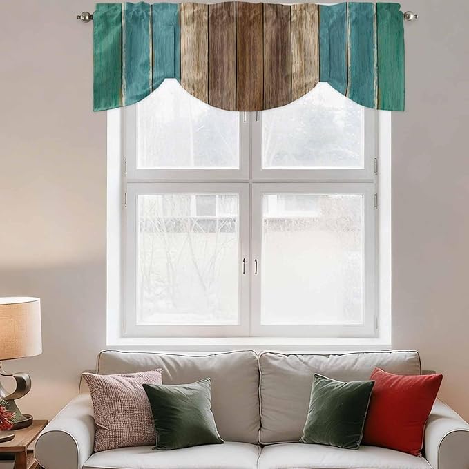 Teal Blue Brown Tie Up Valance Curtains for Windows, Kitchen Curtains Window Shades, Farmhouse Retro Wooden Grain Stripes Light Filtering Roman Curtain Valances for Bedroom/Bathroom/Cafe 54"x18"