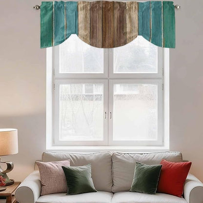 Teal Blue Brown Tie Up Valance Curtains for Windows, Kitchen Curtains Window Shades, Farmhouse Retro Wooden Grain Stripes Light Filtering Roman Curtain Valances for Bedroom/Bathroom/Cafe 42"x18"