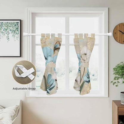 Spring Flowers Kitchen Curtains 45 Inch Length, Short Cafe Window Curtains Tab Top, Vintage Rustic Tulips Floral Butterfly Khaki Light Filtering Window Treatments Tier Drapes 27.5"x45" 2 Panel