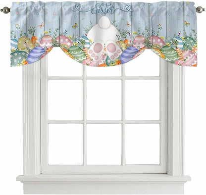Spring Easter Tie Up Valance Curtains for Windows, Kitchen Curtains Window Shades, Rabbit Ears Foot Colorful Eggs Wooden Plank Light Filtering Roman Curtain Valances for Bedroom/Bathroom/Cafe 54"x18"