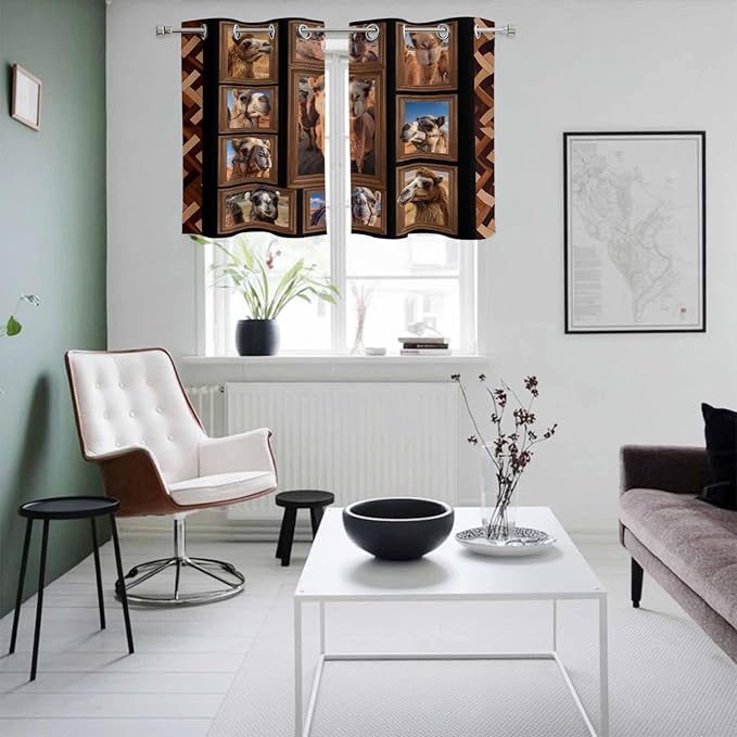 2 Panel Kitchen Cafe Curtains, Desert Camels Sunlight Filtering Nature Air Through, Home Decor Window Covering Tier Curtains for Living Room 55W x 39L inch Brown Wildlife Farmhouse Animals Rustic