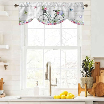 Spring Tie Up Valance Curtains for Windows, Kitchen Curtains Window Shades, Bicycles Botanical Rose Leaves Butterfly Wood Grain Light Filtering Roman Curtain Valances for Bedroom/Bathroom/Cafe 42"x12"