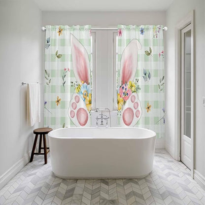 Easter Window Curtains 72 Inch Long 2 Panel Set, Rod Pocket Long Curtains & Drapes, Spring Bunny Ears Feet Flowers Green Plaid Light Filtering Window Treatment for Bedroom Living Room 52"W x 72"L