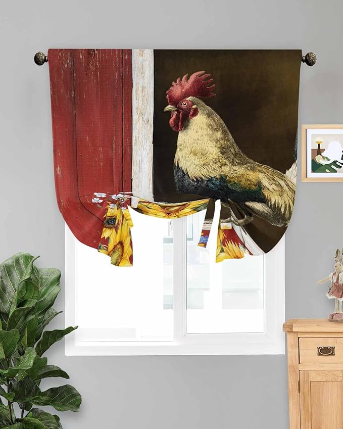Tie Up Curtains for Windows, Chicken Sunflowers Adjustable Balloon Nature Linen Textured Kitchen Curtain, Farmhouse Animals Red Barn Bees Thermal Insulated Curtains for Window, 42" x 54"