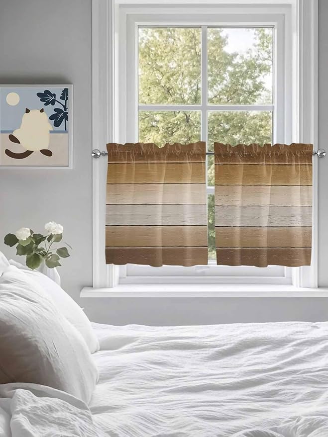 Vintage Brown Gradient Wood Grain Window Valance Curtains, Farmhouse Wood Barn Light Filtering Kitchen Valance with 3-inch Rod Pocket for Living Room Bathroom Bedroom,2 Panel,27.5x24In