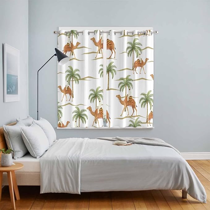 2 Panel Kitchen Cafe Curtains, Desert Camels Sunlight Filtering Nature Air Through, Home Decor Window Covering Tier Curtains for Bedroom Living Room 80W x 63L inch Tropical Date Palm Trees Animal