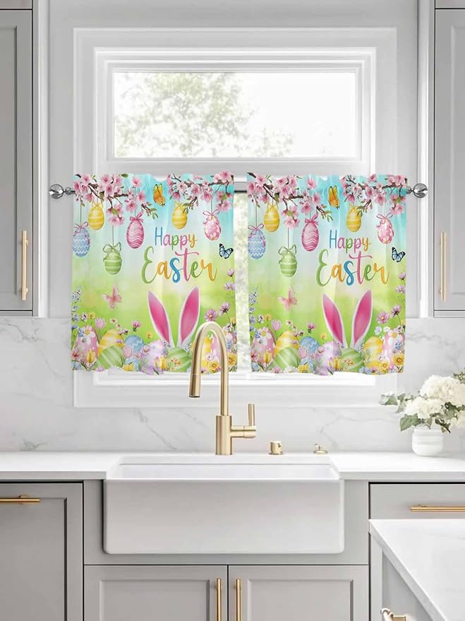 Easter Half Window Curtain 36 Inches Long, Spring Bunny Colorful Rabbit Eggs Butterfly Blue Green Window Treatment Curtain Drapes, Small Tier Curtains for Bathroom Over Sink, 27.5"x36", 2 Panels