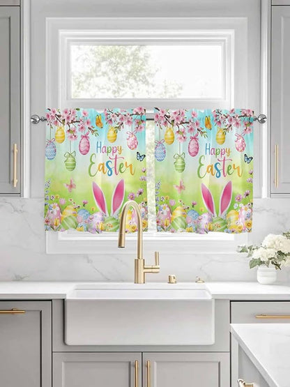 Easter Half Window Curtains 24 Inches Long, Spring Bunny Colorful Rabbit Eggs Butterfly Blue Green Window Treatment Curtain Drapes, Short Curtains Tiers for Kitchen Over Sink, 27.5"x24", 2 Panels