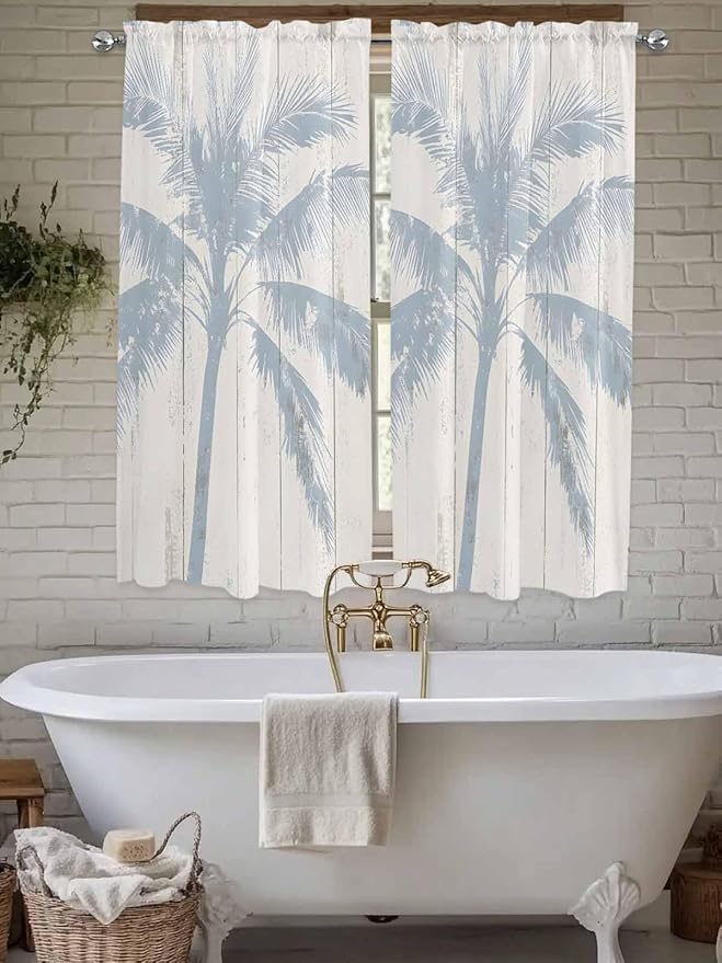 Summer Coconut Tree on Vintage Wood Grain Window Valance Curtains, Seaside Plants Light Filtering Kitchen Valance with 3-inch Rod Pocket for Living Room Bathroom Bedroom,2 Panel,52x72In
