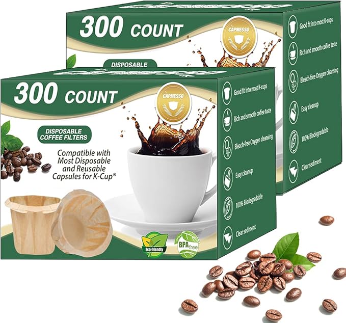 CAPMESSO Disposable Coffee Paper Filters Replacement Kerig Coffee Filters Compatible with Reusable Single Serve Pods Keurig Coffee Maker-600 Count (Natural)
