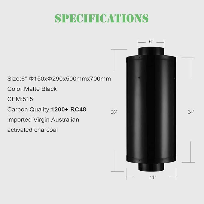G-HYDRO 6 Inch Inline Air Carbon Filter with 1200+ RC48 Australia Virgin Activated Charcoal Odor Control Scrubber for Grow Tent Indoor Plants Inline Fan Free Installation, 6 x 28 Inch, 500 CFM, Black