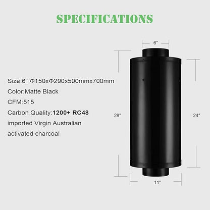 G-HYDRO 6 Inch Inline Air Carbon Filter with 1200+ RC48 Australia Virgin Activated Charcoal Odor Control Scrubber for Grow Tent Indoor Plants Inline Fan Free Installation, 6 x 28 Inch, 500 CFM, Black