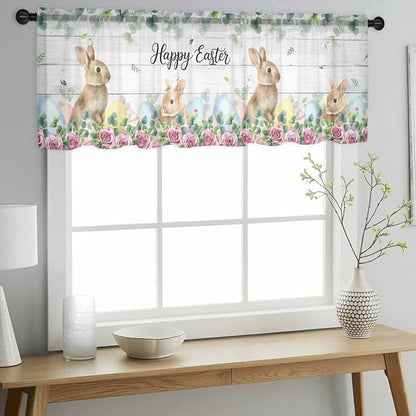 Easter Sheer Valances for Windows 42"x18", Light Filtering Kitchen Curtains Valance, Spring Watercolor Bunny Eggs Flower Leaf Wooden Grey Rod Pocket Chiffon Curtains for Living Room Bedroom Cafe