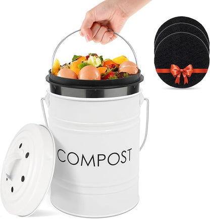 Vipush Compost Bin Kitchen Countertop Compost Bin with lid – Small Compost Bin Includes Inner Compost Bucket Liner & 3 Charcoal Filters, White