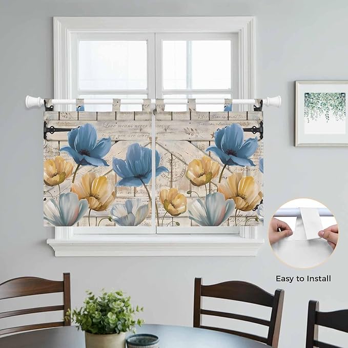 Blue Yellow Tulips Kitchen Curtains 36 Inch Length, Small Window Curtains Tab Top, Retro Farmhouse Flower Barn Doors Wooden Light Filtering Short Window Treatments Tier Drapes 27.5"x36" 2 Panel