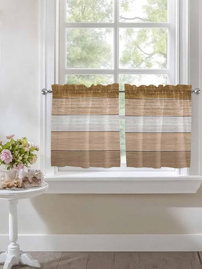 Retro Farm Wood Board Window Valance Curtains, Brown Graduality Striped Light Filtering Kitchen Valance with 3-inch Rod Pocket for Living Room Bathroom Bedroom,2 Panel,27.5x24In