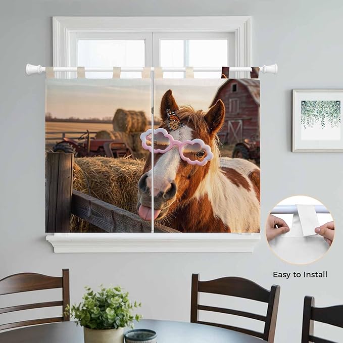 Farm Horses Kitchen Curtains 45 Inch Length, Short Cafe Window Curtains Tab Top, Farmhouse Barn Funny Animals Butterfly Light Filtering Window Treatments Tier Drapes 27.5"x45" 2 Panel