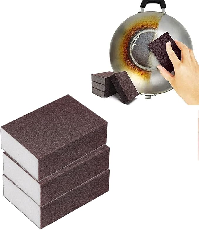 Nano Carborundum Sponge,Emery Sponge Kitchen Pot Brush with Handle,Scouring Pad Pot Scrubber,Pot Cleaner for Bottom of Pans,Wet Dry Sanding Sponges (Brown 02 * 3pcs)