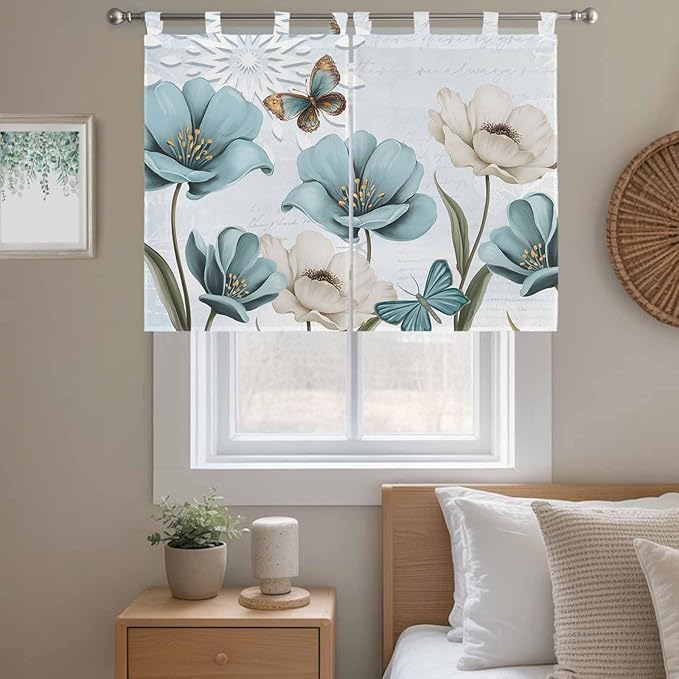 Blue Tulips Bedroom Curtains 63 Inch Length, Window Curtains Tab Top, Watercolor Flowers Butterfly Spring Farmhouse Blue Light Filtering Window Treatments Drapes 42"x63" 2 Panel