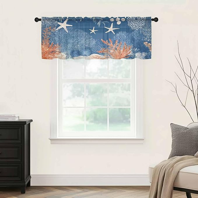 Ocean Corals Sheer Valance Curtains, Summer Beach Coral Sea Stars Dark Blue Light Filtering Kitchen Valances Rod Pocket Voile Curtain Window Treatment for Bedroom/Living Room/Basement 42Wx18L