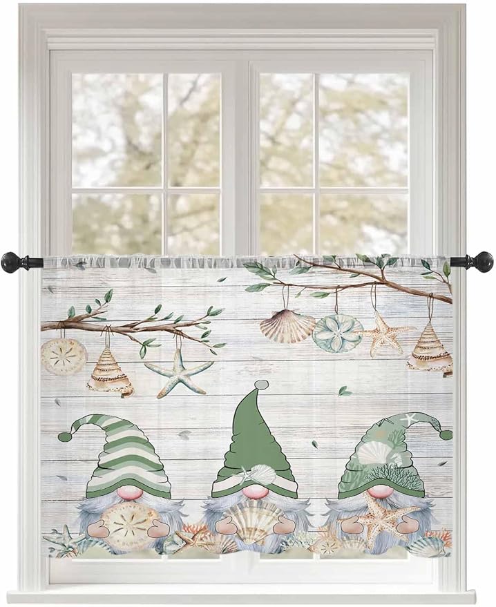 Sheer Curtains 54 Inch Length, Sage Green Gnomes Semi Sheer Curtains Light Filtering Window Treatment, Eucalypus Coastal Anchor Retro Wood Privacy Voile Drapes for Living Room Bedroom 52x54 Inch