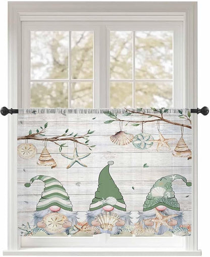 Sheer Curtains 54 Inch Length, Sage Green Gnomes Semi Sheer Curtains Light Filtering Window Treatment, Eucalypus Coastal Anchor Retro Wood Privacy Voile Drapes for Living Room Bedroom 52x54 Inch