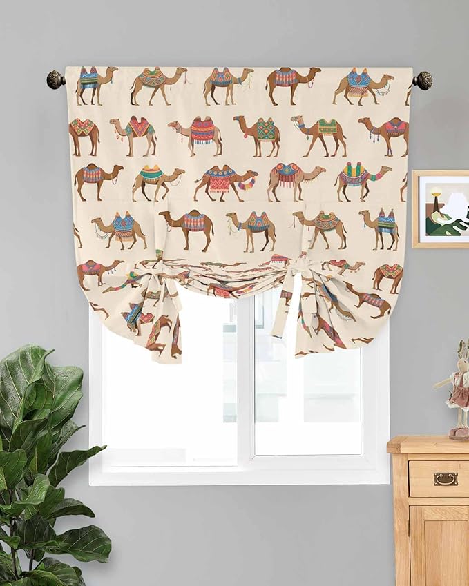 Tie Up Curtains for Windows, Summer Camels Adjustable Balloon Nature Linen Textured Kitchen Curtain, Farmhouse Retro Cartoon Desert Animals Blackout Curtains for Living Room, 46 x 63 Inches
