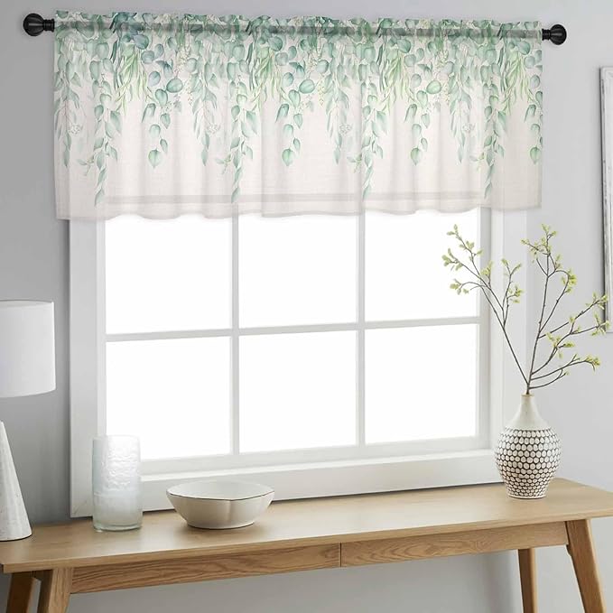 Green Leaf Sheer Valance Curtains, Eucalyptus Leaves Vintage Linen Texture Spring Plant Light Filtering Kitchen Valances Rod Pocket Voile Curtain Treatment for Bedroom/Living Room/Basement 42Wx18L