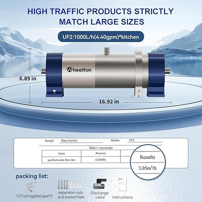 Under Sink Water Filter System Reduces 99% of Contaminants>0.01μm, 4.4GPM/26K Gal, Stainless Steel Ultra-Filtration Water Filter for Sink with 3-5 Year Service Life for Well & City Water- UF2