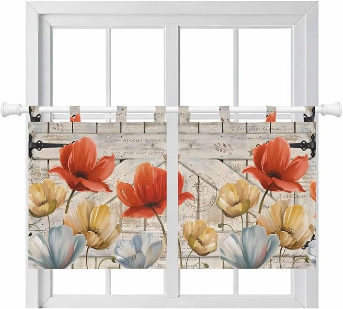 Retro Floral Kitchen Curtains 24 Inch Length, Small Window Curtains Tab Top, Red Yellow Tulips Barm Doors Farmhouse Wooden Light Filtering Short Window Treatments Tier Drapes 27.5"x24" 2 Panel