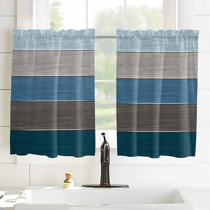 Retro Farm Blue Gray Wood Grain Window Valance Curtains, Rustic Wooden Plank Light Filtering Kitchen Valance with 3-inch Rod Pocket for Living Room Bathroom Bedroom,2 Panel,27.5x45In