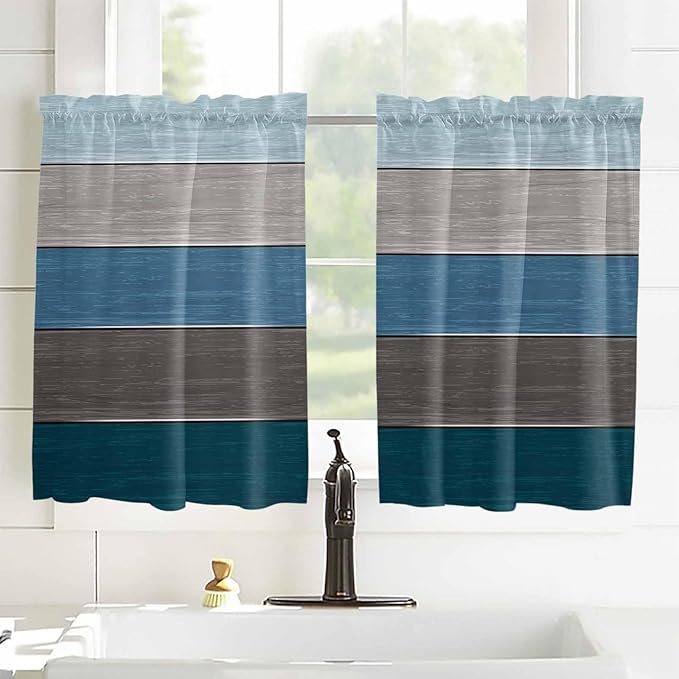 Retro Farm Blue Gray Wood Grain Window Valance Curtains, Rustic Wooden Plank Light Filtering Kitchen Valance with 3-inch Rod Pocket for Living Room Bathroom Bedroom,2 Panel,42x54In