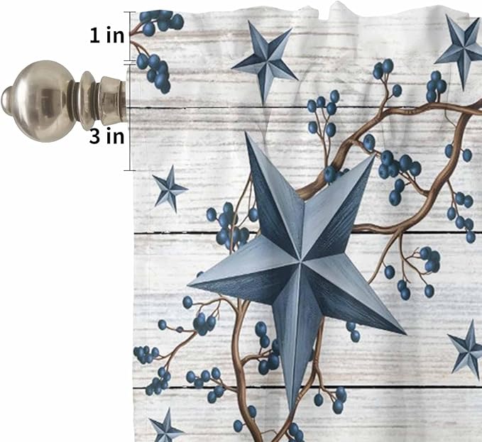 Kitchen Curtains Tiers and Valance Set of 3, Farmhouse Light Filtering Window Curtain Set, Blue Country Texas Star Vintage Berries Wooden Rod Pocket Curtain Drapes for Living Room, 36 Inches Tiers