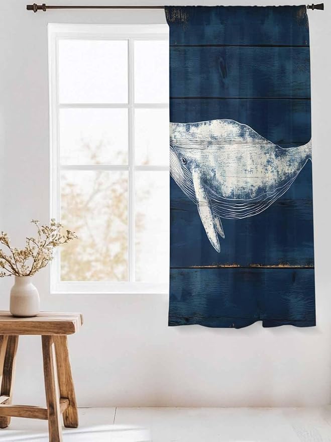 Sheer Curtains 72 Inches Long, Summer Whale Semi Sheer Curtains Light Filtering Window Treatment, Ocean Watercolor Wooden Grain Blue Privacy Voile Drapes for Living Room Bedroom 52x72 Inch